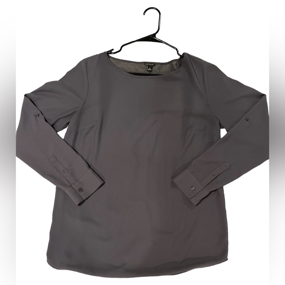 Ann Taylor grey blouse - polyester with cotton back panel.